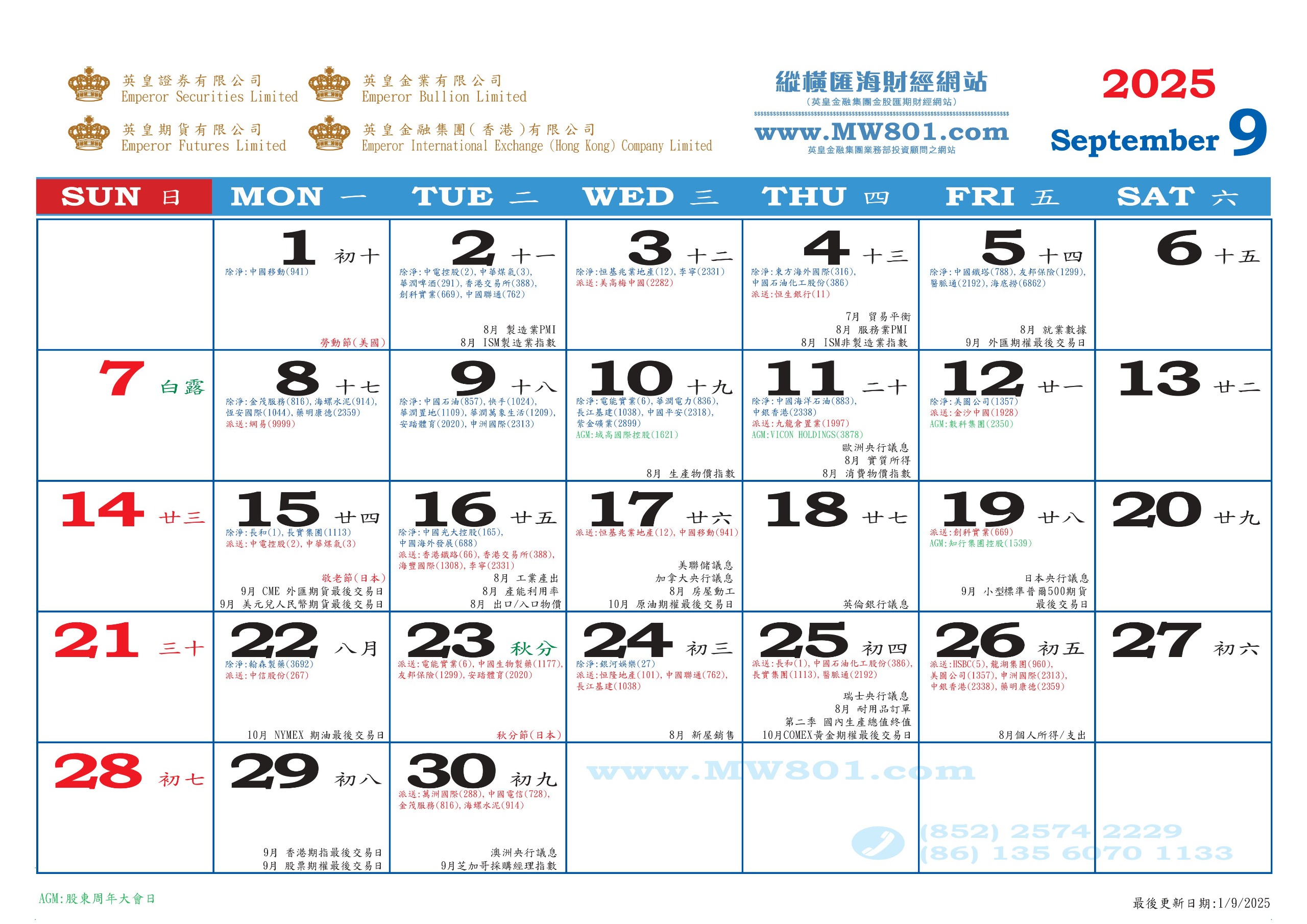 9月份財經月曆    全新WhatsApp號碼+852 9462  2838