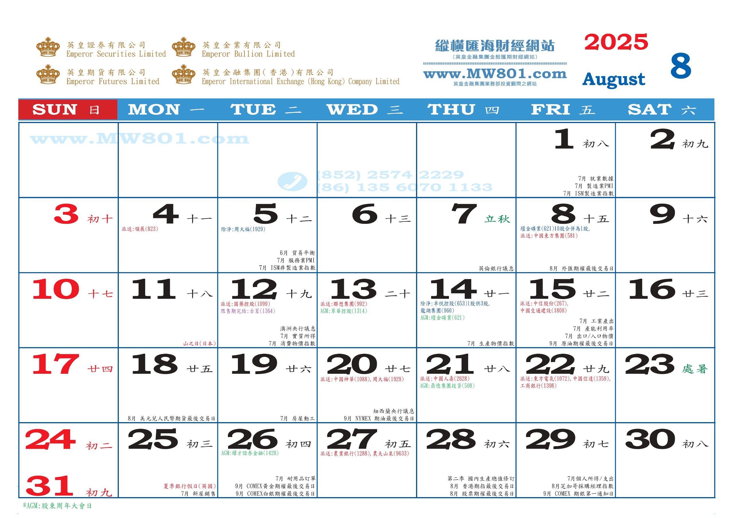 8月份財經月曆    全新WhatsApp號碼+852 9462  2838