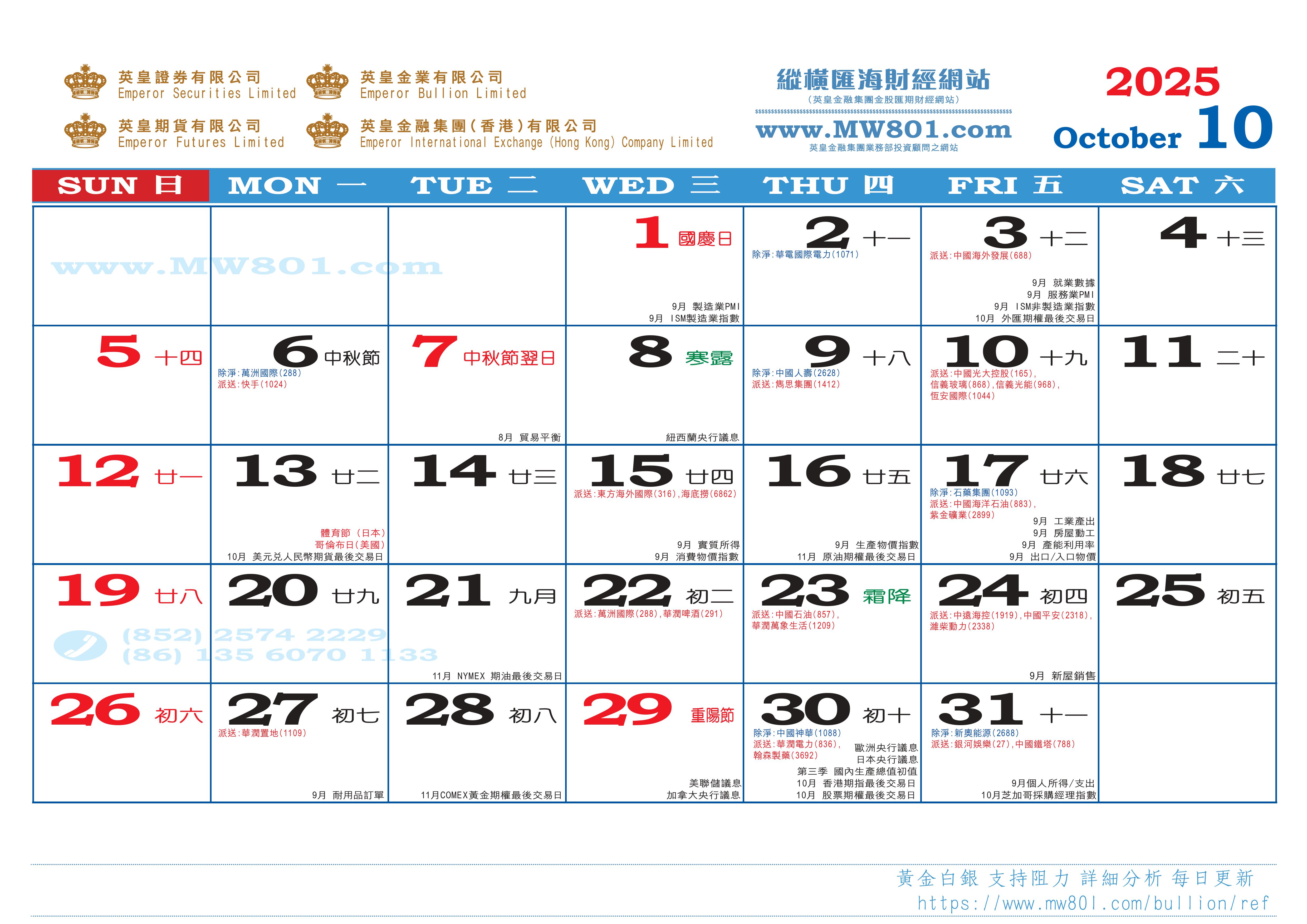 10月份財經月曆    全新WhatsApp號碼+852 9462  2838