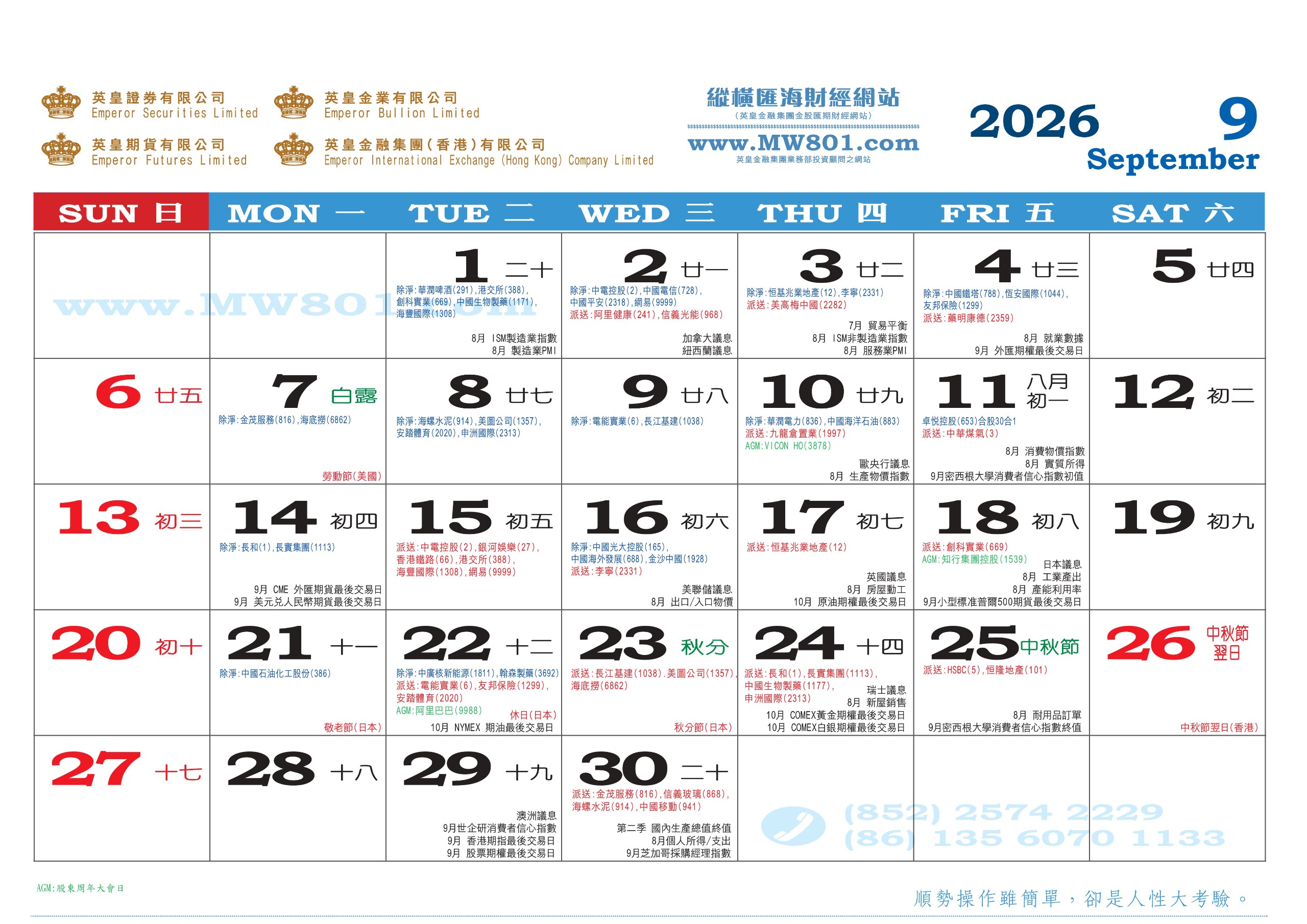 9月份財經月曆