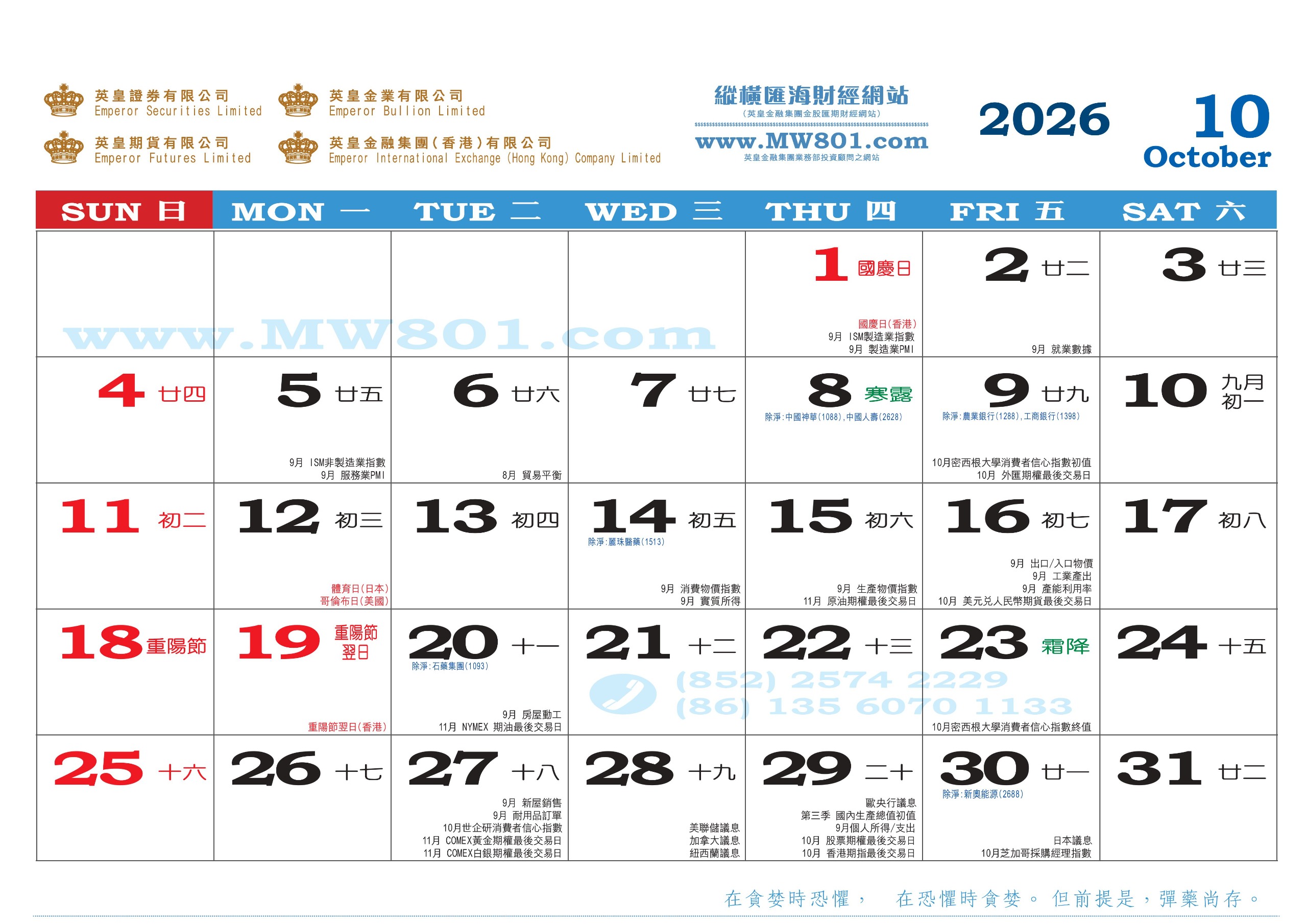 10月份財經月曆