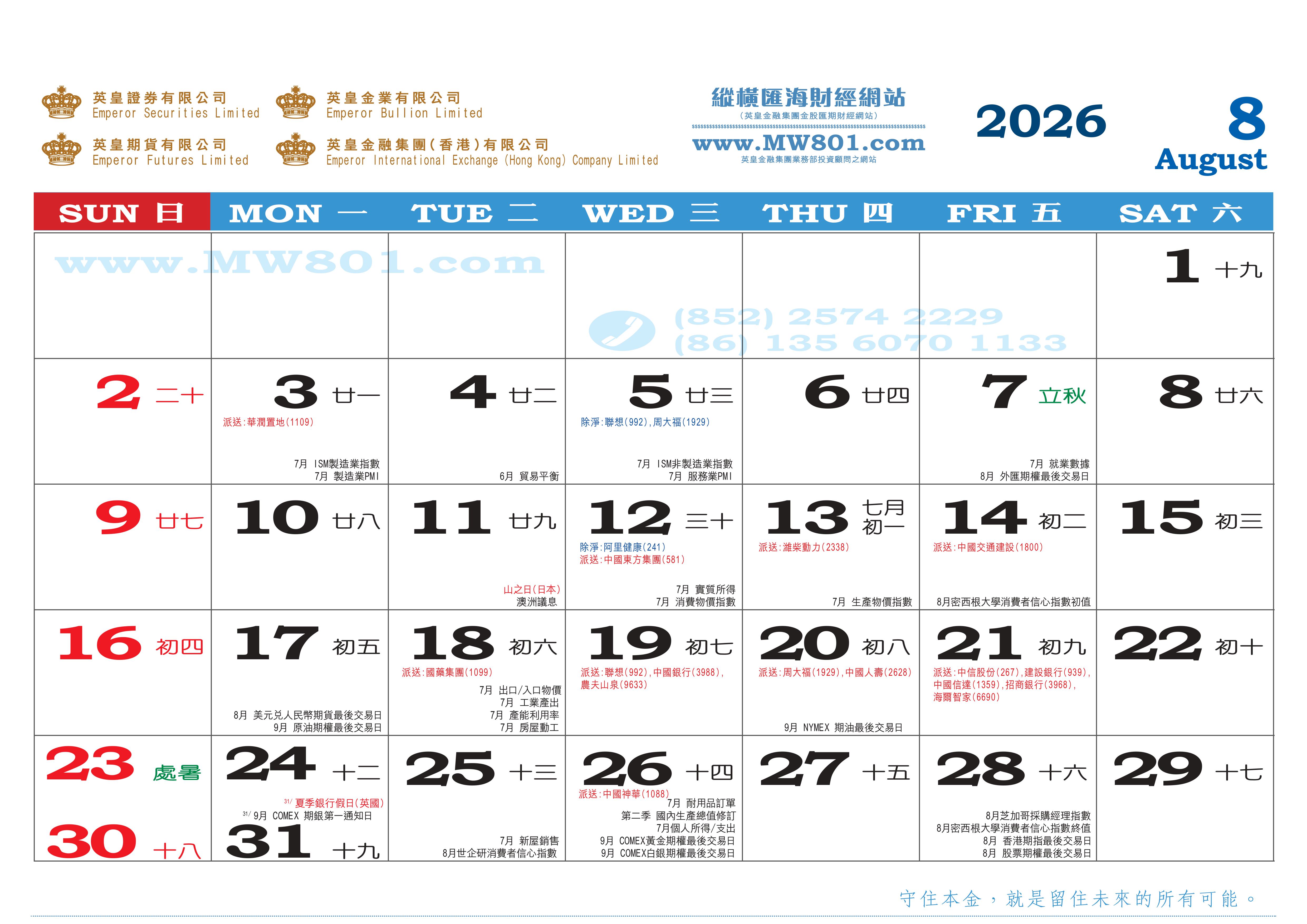 8月份財經月曆