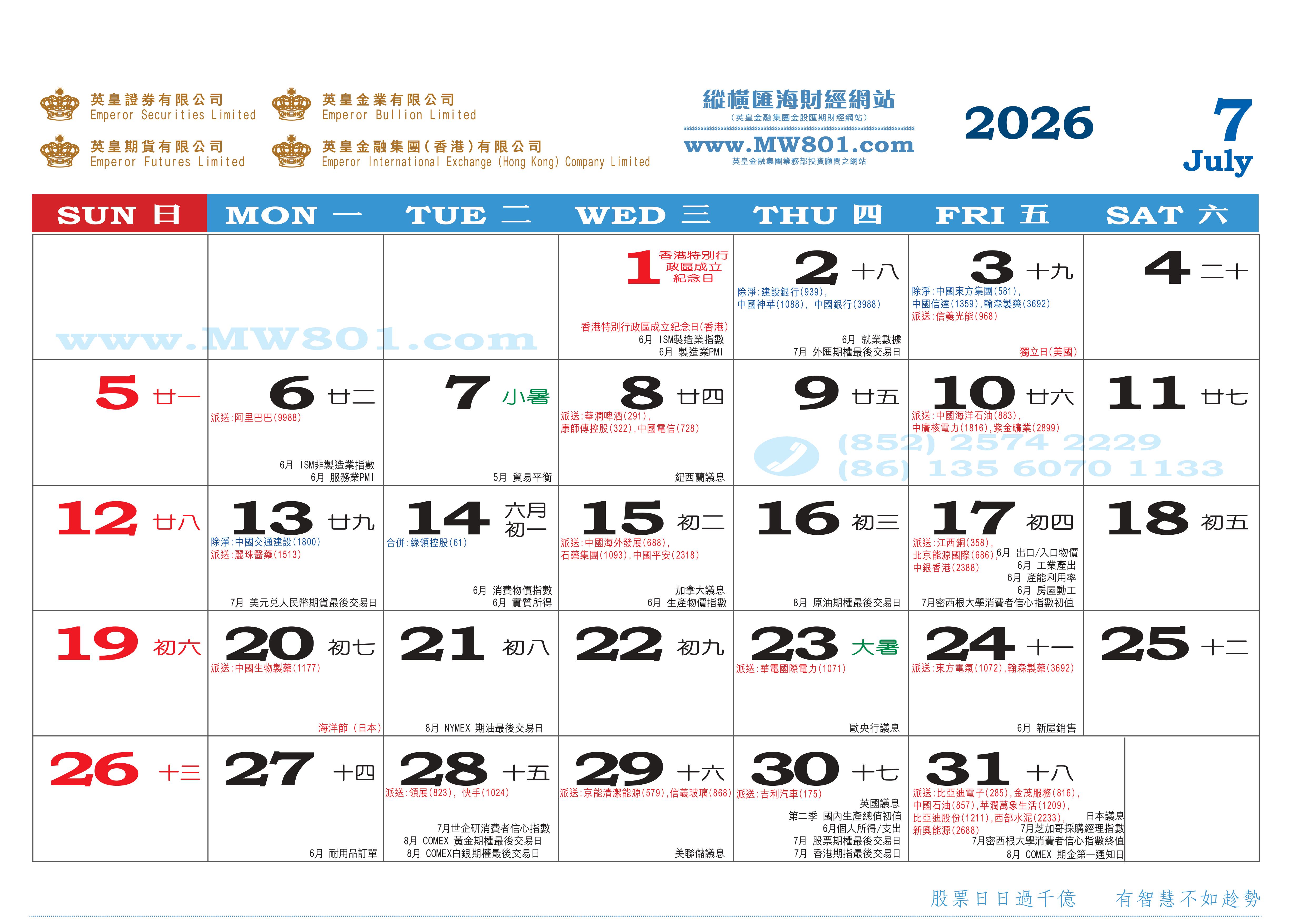 7月份財經月曆